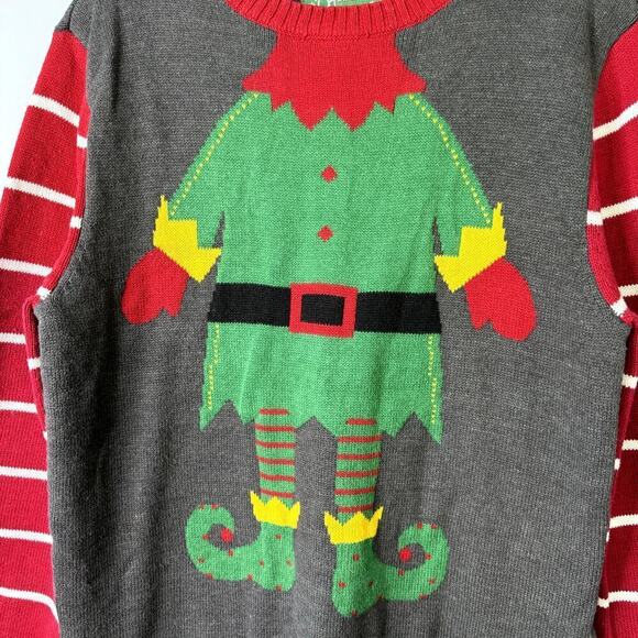 Ugly Christmas Sweater ELf Yourself Unisex Crewneck Sweater Gray Red Green Sz L - Picture 2 of 9